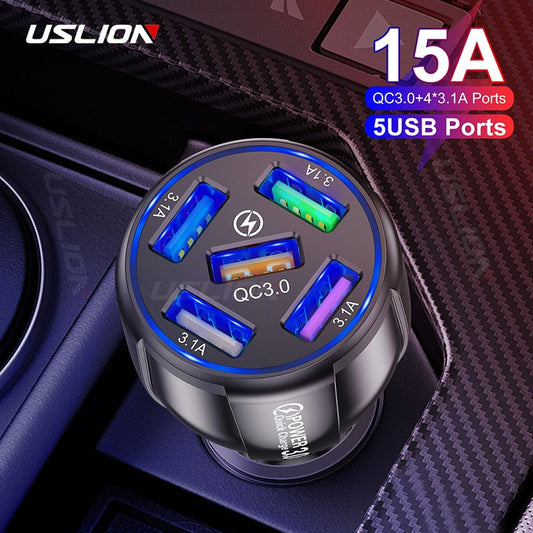 15A 5 Ports USB Car Charge Quick Mini LED Fast Charging